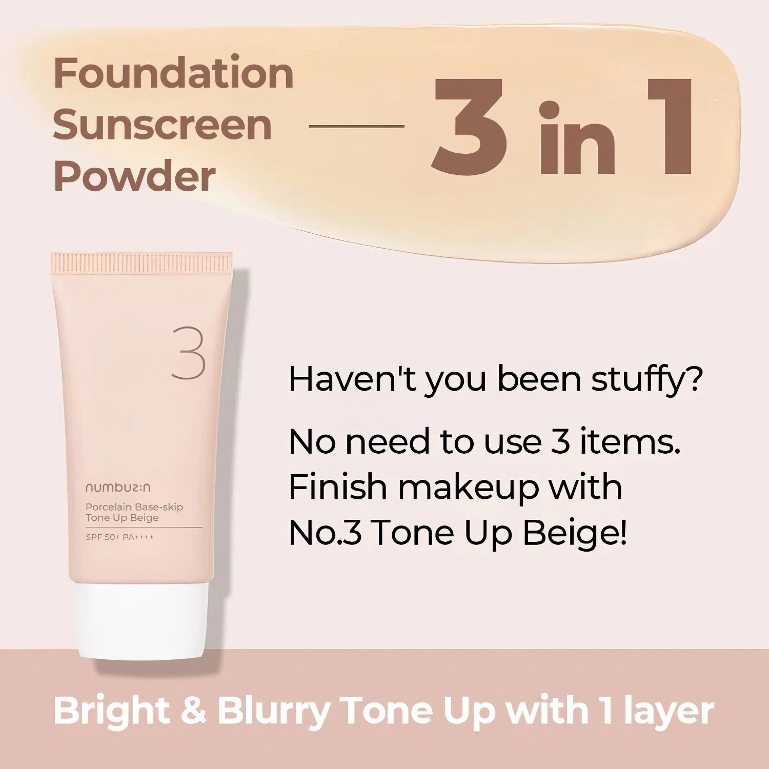 Numbuzin - No.3 Porcelain Base-skip Tone Up Beige SPF50+ PA++++ - 50ml-Wonder Skin