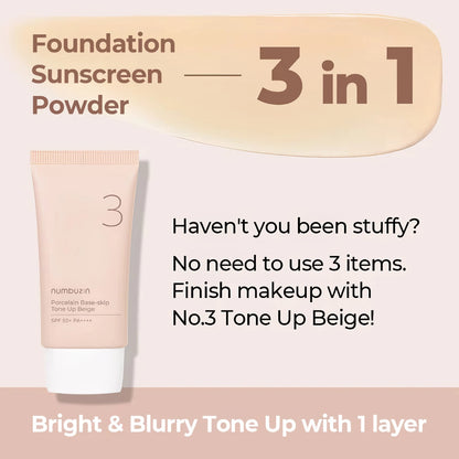 Numbuzin - No.3 Porcelain Base-skip Tone Up Beige SPF50+ PA++++ - 50ml-Wonder Skin